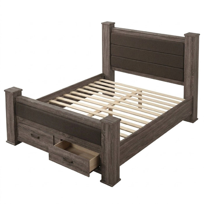 Queen Size Bed & Upholstered Headboard And Footboard Drawers - Brown