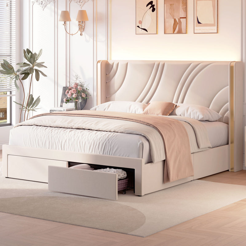 Modern Upholstered LED Bed Frame With Storage Drawers, Wingback Headboard, RGB Light