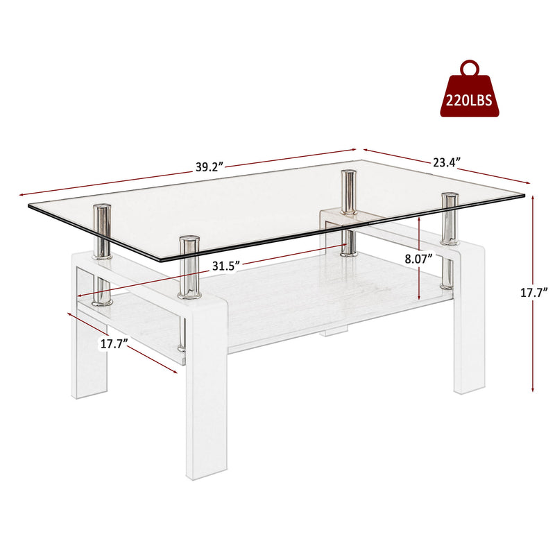 Modern Rectangular Coffee Table With Tempered Transparent Glass Top And Storage Shelf