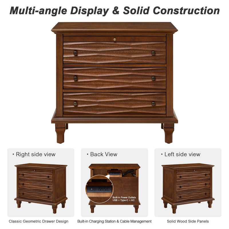 Nightstand With Charging Station, Bedside Table, 3 Drawers, USB And Type - C Ports