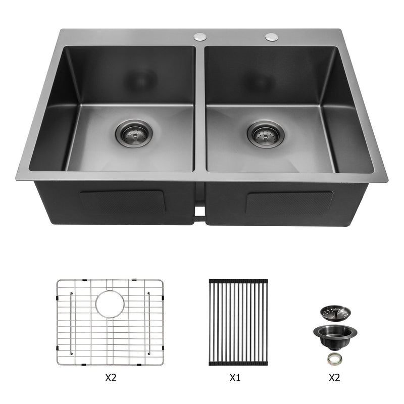 Double Bowl Drop In Kitchen Sink 33" X 22" With 16 Gauge Stainless Steel And 2 10" Deep Basins - Gunmetal Black