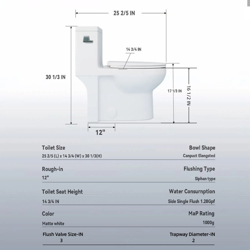 Gloss Tornado Flush 1 Piece Elongated Toilet With Siphonic Side Press, ADA Comfort Chair Height - Gloss White
