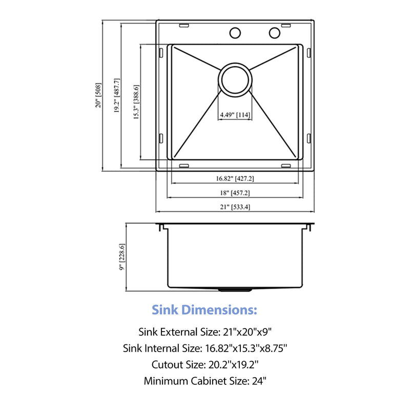 21" Drop In Kitchen Sink With Pull Out Faucet And Sink Cover, 16 Gauge - Brushed Nickel