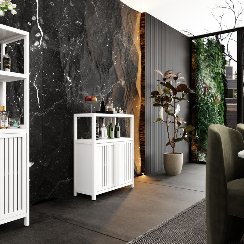 Bamboo Large Capacity Storage Cabinet With Shelves For Bathroom And Living Room - White