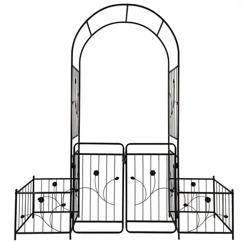 Metal Garden Arch With Gate Wide High Climbing Plants Support Rose Arch Outdoor - Black