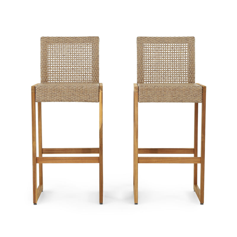 Outdoor Barstool With Rattan Wicker Top (Set of 2) - Brown
