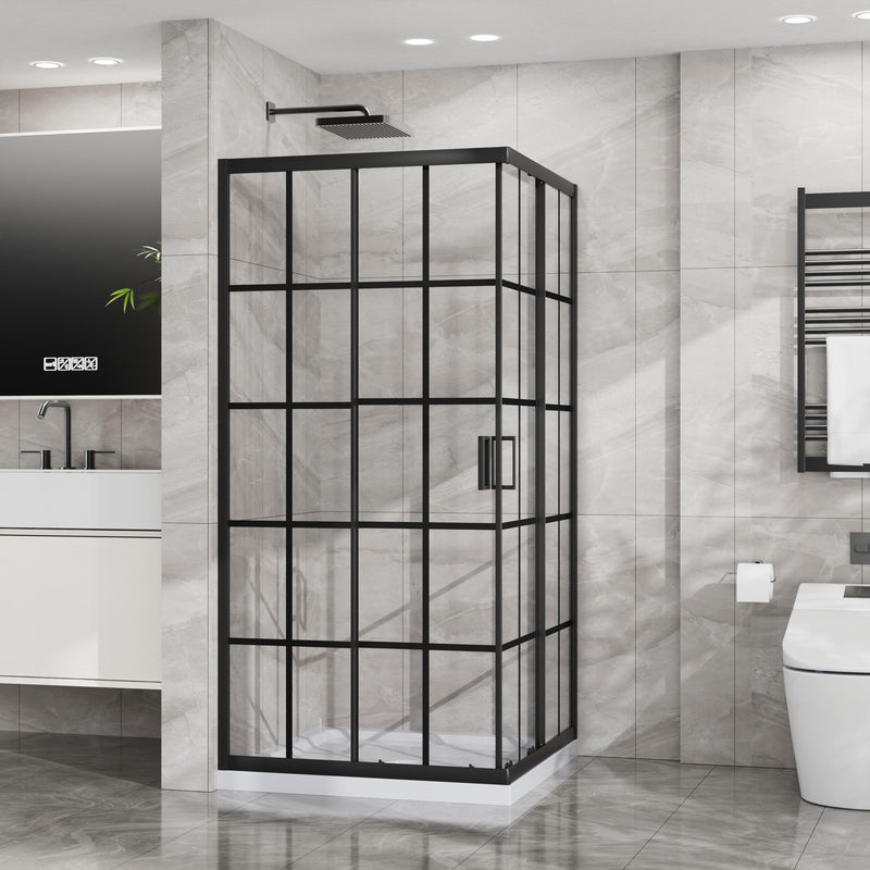 Corner Shower Door, Shower Enclosure With Dual Sliding Doors - Matte Black