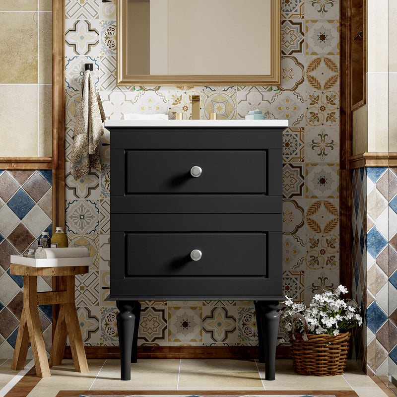 Bathroom Vanity Cabinet With Ceramic Sink Combo Set, Frame Modern Bathroom Storage Cabinet With 2 Drawers - Black
