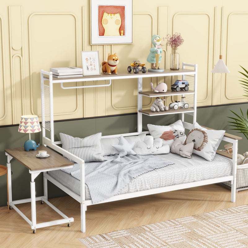 Daybed With Movable Desk, Grid, Shelves And Clothes Hanger
