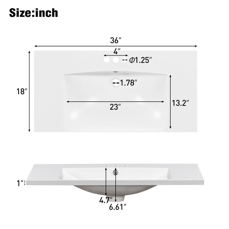 Single Bathroom Basin Sink, Vanity Top Only With 3 Faucet Holes