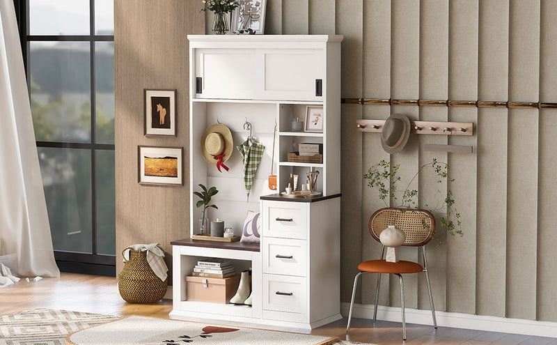 Modern Wide Hall Tree With Coat Rack, 3 Shelves And Drawers, 3 Sturdy Hooks