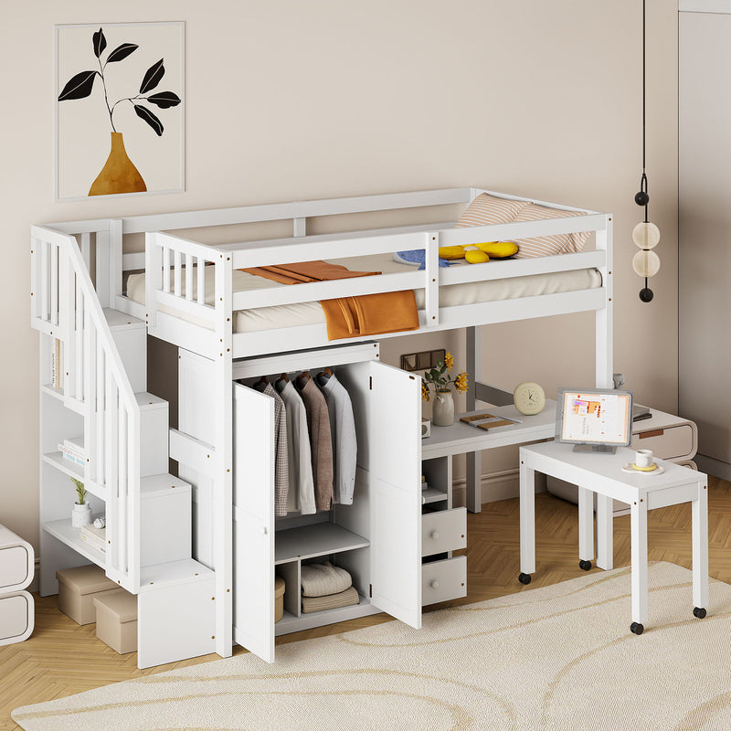 Loft Bed With Stairs, Bookshelf, Drawers, Desk & Wardrobe, Space Saving Multifunctional Furniture