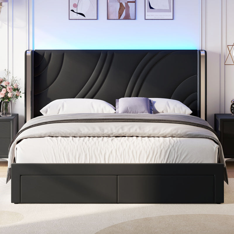 Modern Upholstered LED Bed Frame With Storage Drawers, Wingback Headboard, RGB Light