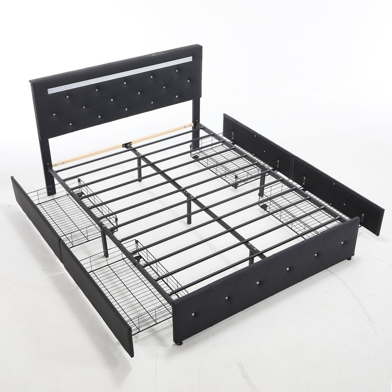 Upholstered Bed Frame With LED Lights, 4 Storage Drawers, Charging Station