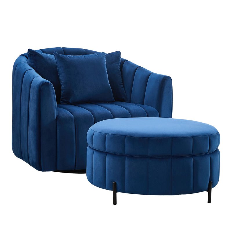 Oversized Velvet Swivel Barrel Accent Chair And Ottoman Set With Storage