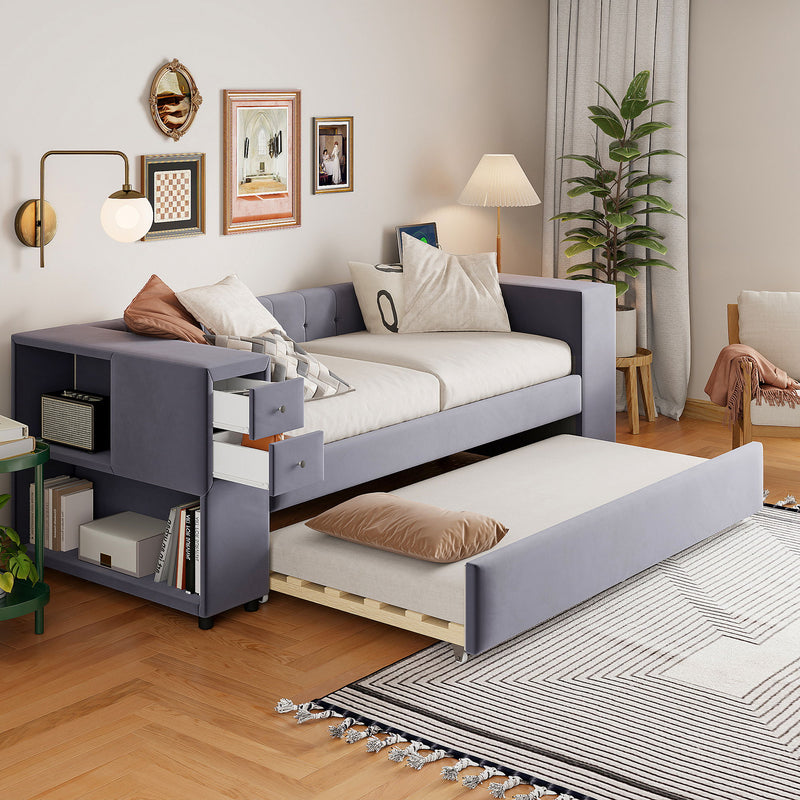 Upholstered Bed With Storage And Twin Trundle, USB Charging Ports