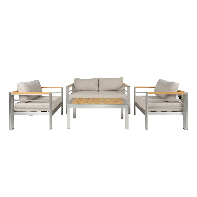 Cora - Outdoor Patio Aluminum 4 Pieces Chat Set - Beige / Natural / Silver