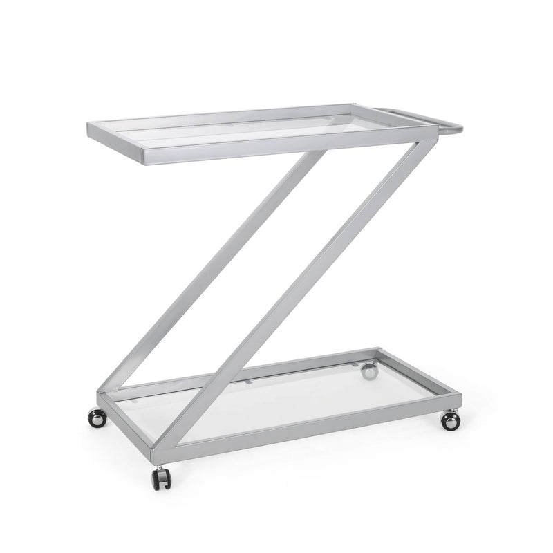 Modern Z Shaped Bar Cart With Tempered Glass Shelves - Silver