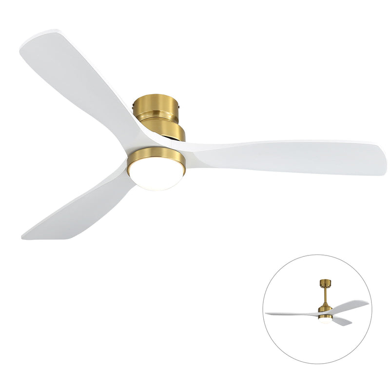 52" Ceiling Fan With Light And DC Motor, Flush Mount / Downrod, Ideal For Living Room - Gold / White