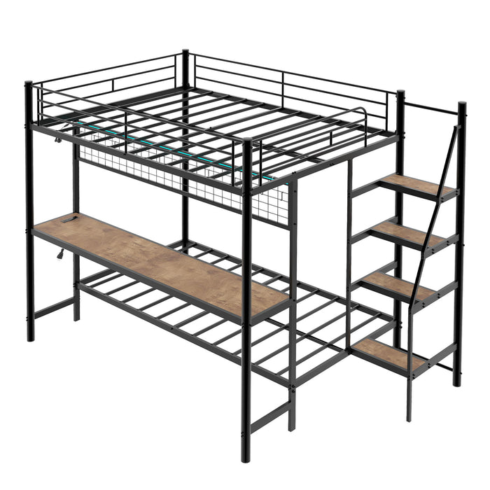 Full Over Twin Bunk Bed With Built In Desk And LED Lighting - Antique Black