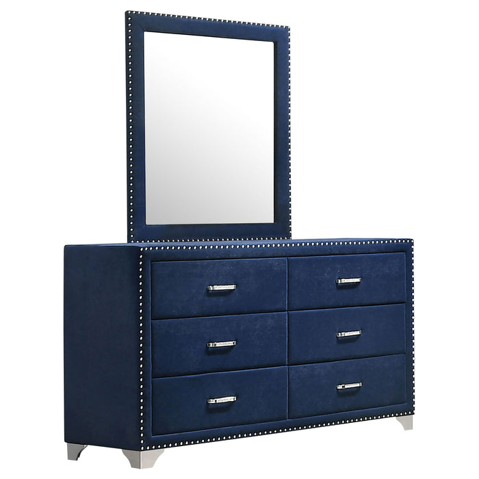 6 Drawer Upholstered Dresser With Mirror - Blue