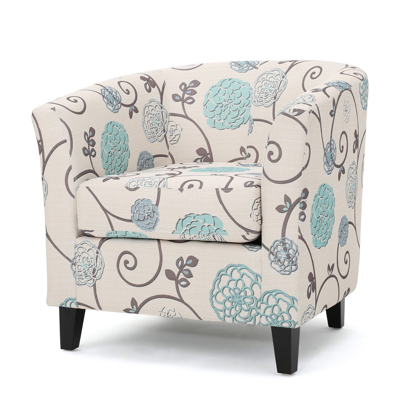 Club Chair With Floral Pattern And Solid Wood Legs - Multi Color