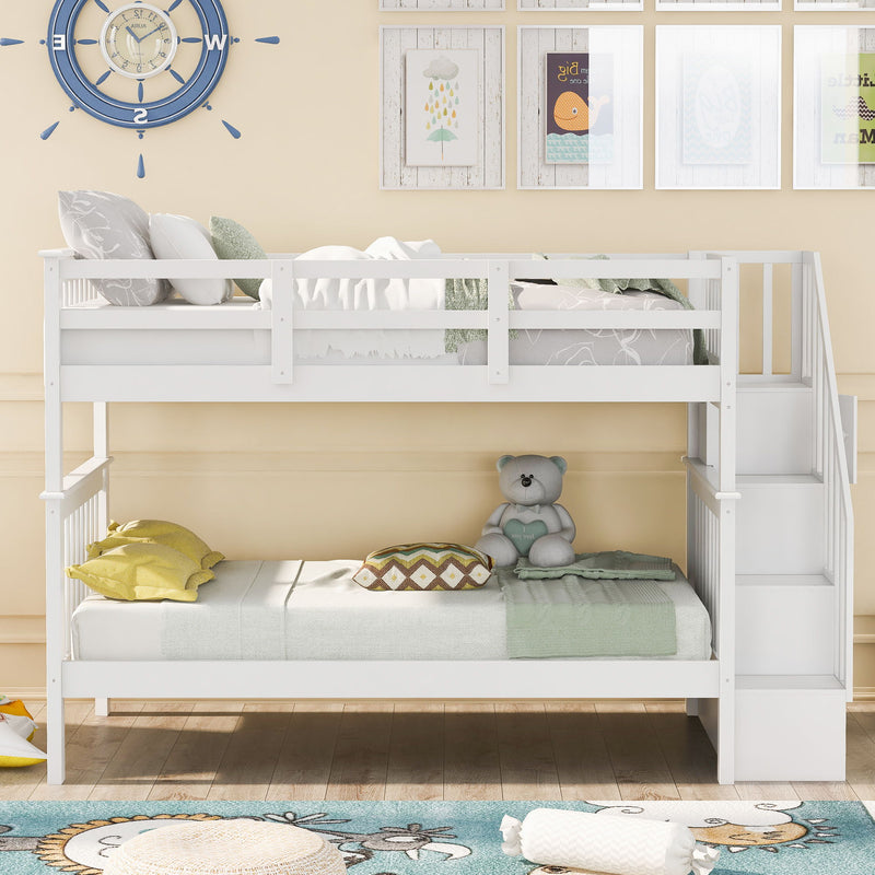 Stairway Bunk Bed With Storage And Guard Rail For Bedroom