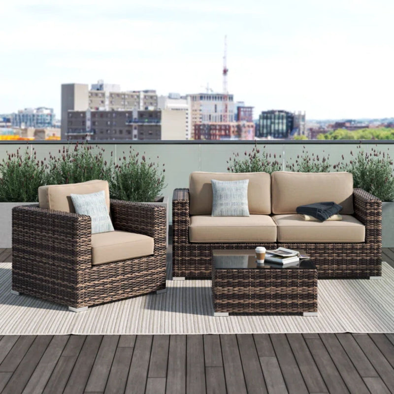Modern Style Hdpe Wicker Seating Group With Cushions For 3 People In Brown Finish