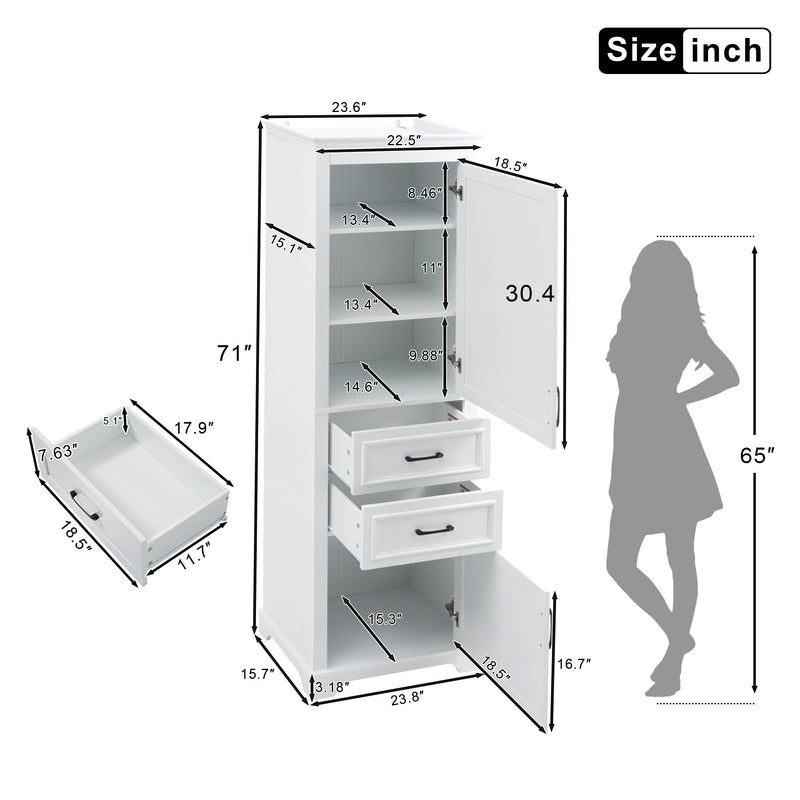 Freestanding Bathroom Vanity Tall With Damping Hinge Doors, Adjustable Shelves - White