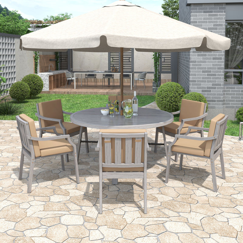 6 Person Outdoor Wooden Dining Set With Umbrella Hole And Removable Cushions For Patio - Gray