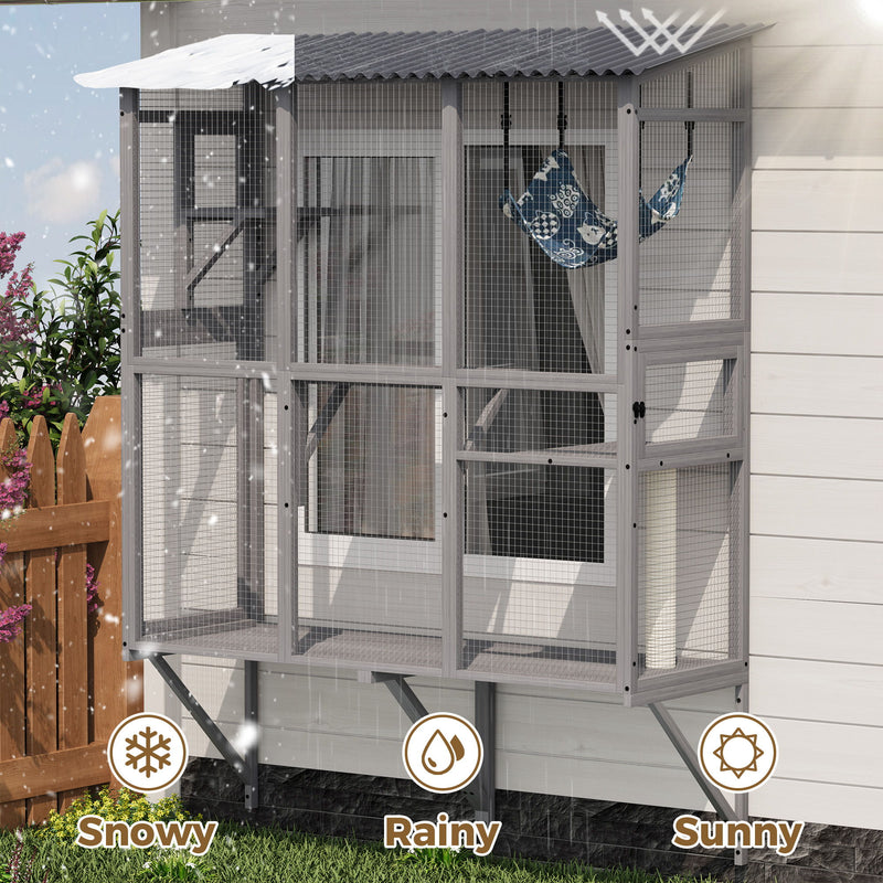 Large Walk In Outdoor Catio For Cats With Roof And 3 Access Doors - Gray