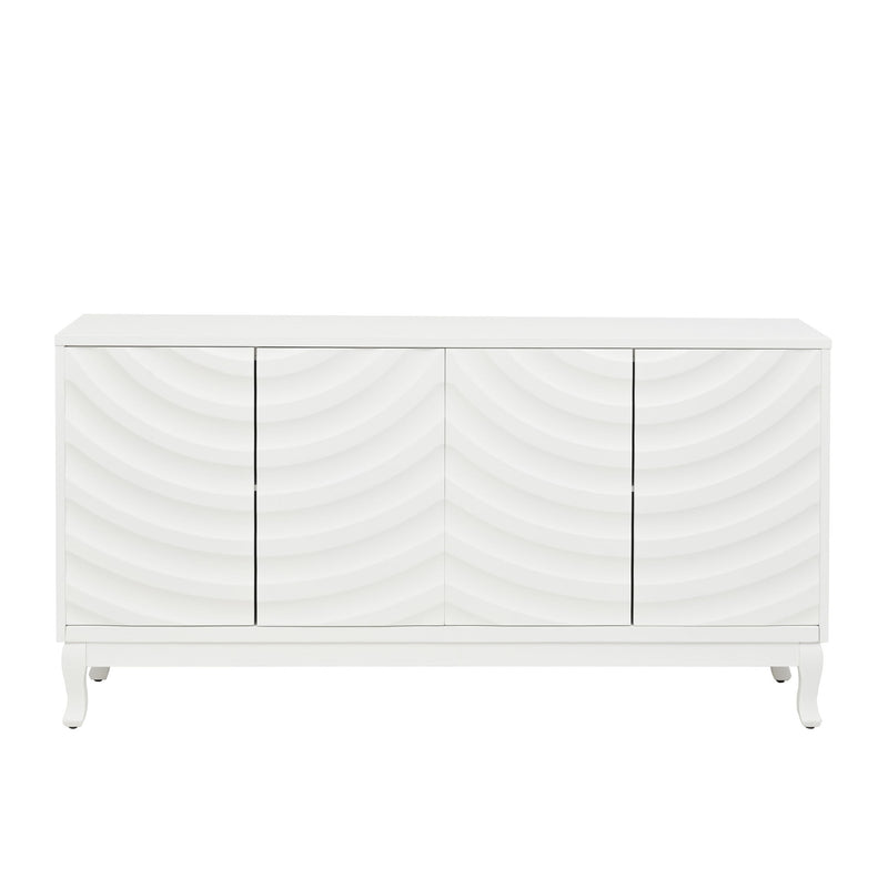 Elegant Sideboard With Sophisticated Wavy Pattern Doors And Arched Groove Design, Adjustable 4 Door Layout