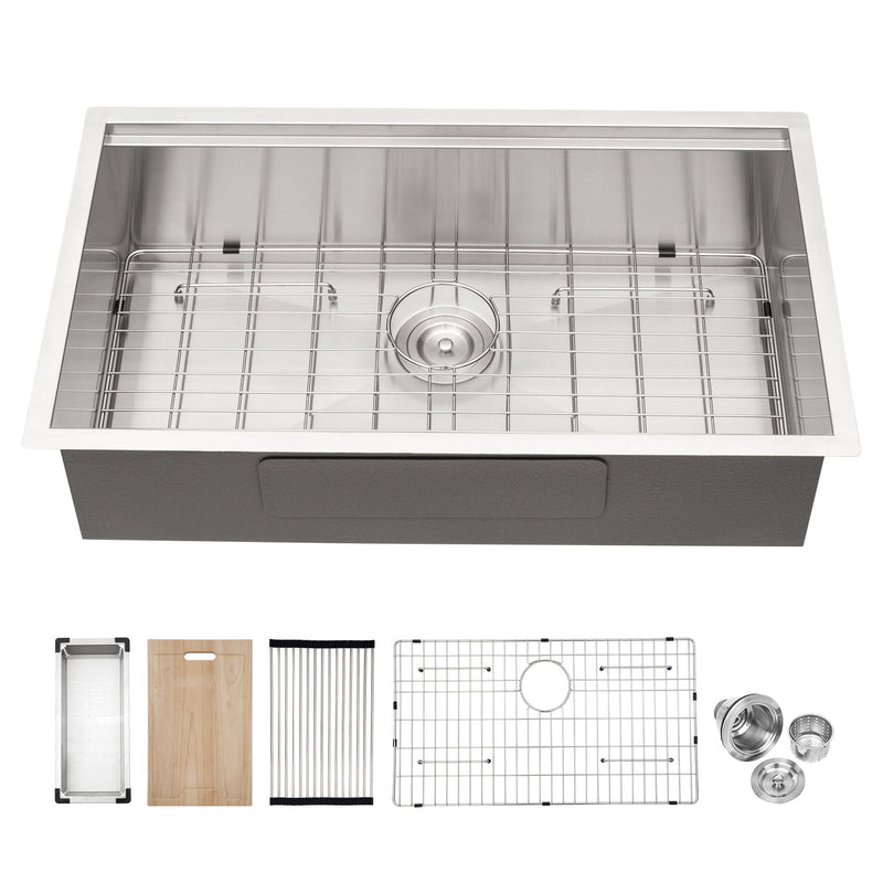 32" Undermount Kitchen Sink Brushed Nickel 16 Gauge Stainless Steel Single Bowl With Ledge Workstation, 32 X 19 X 9 Inch
