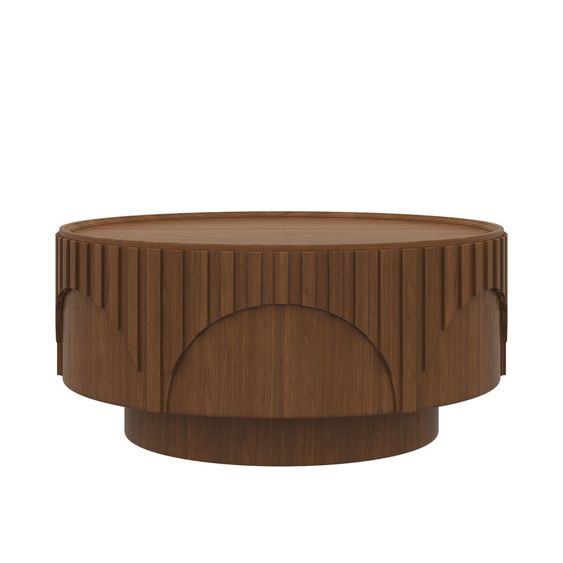 Round Fluted Drum Coffee Table With Sturdy Base For Living Room