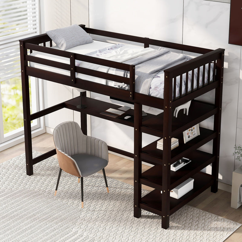 Loft Bed With Storage Shelves And Under Bed Desk