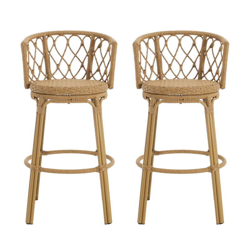 Bohemia - Outdoor Brown Wicker Bar Stool (Set of 2) With Metal Frame And Faux Rattan - Light Brown