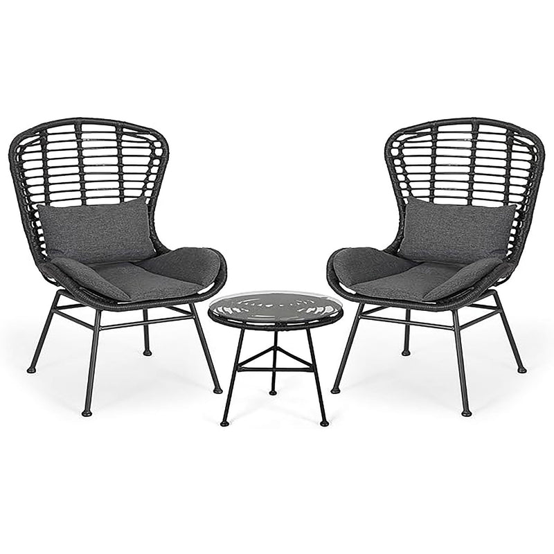 Cowan - Outdoor Wicker And Glass 3 Piece Chat Set With Cushions - Gray