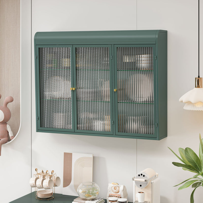 Arched Wall Mounted Cabinet, 3 Door Storage For Kitchen - Dark Green