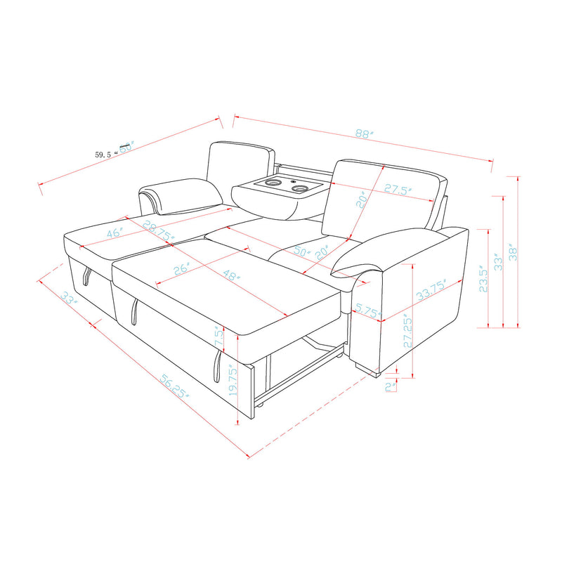 Rebecca - Sofa With Pull Out Bed, Storage Chaise, USB And Cup Holders - Dark Gray