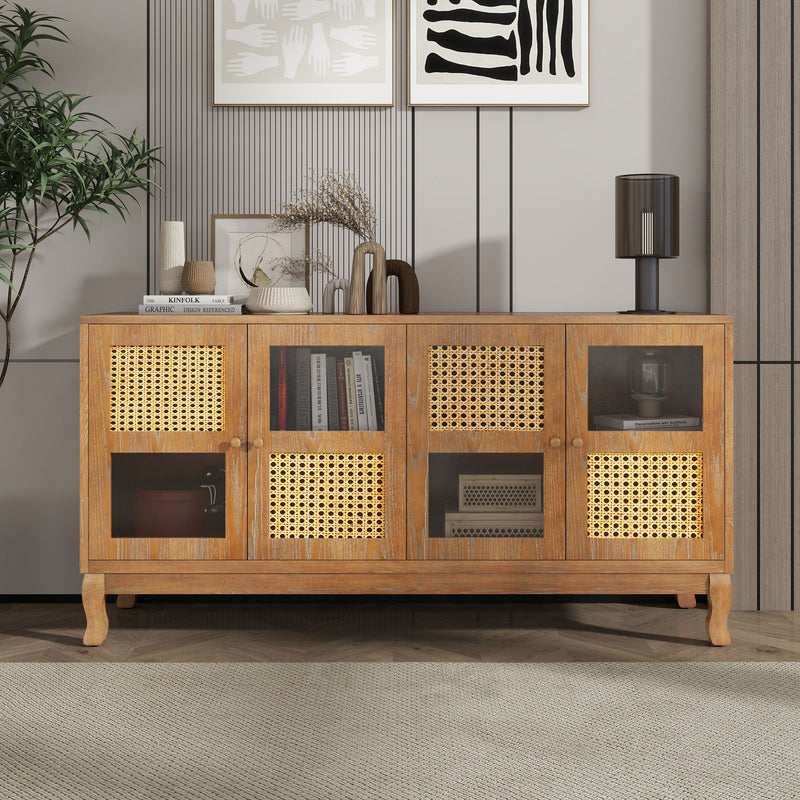 Retro Industrial 4 Door Sideboard With Large Storage, Rattan And Glass Doors