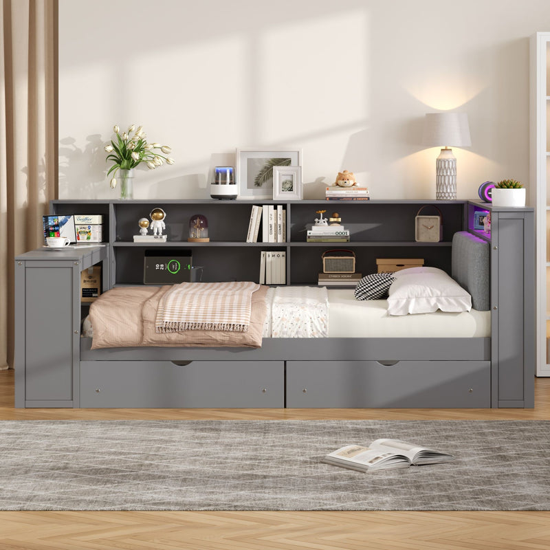 Platform Bed With Storage Shelves, Drawers, Charging Station, LED, Desk
