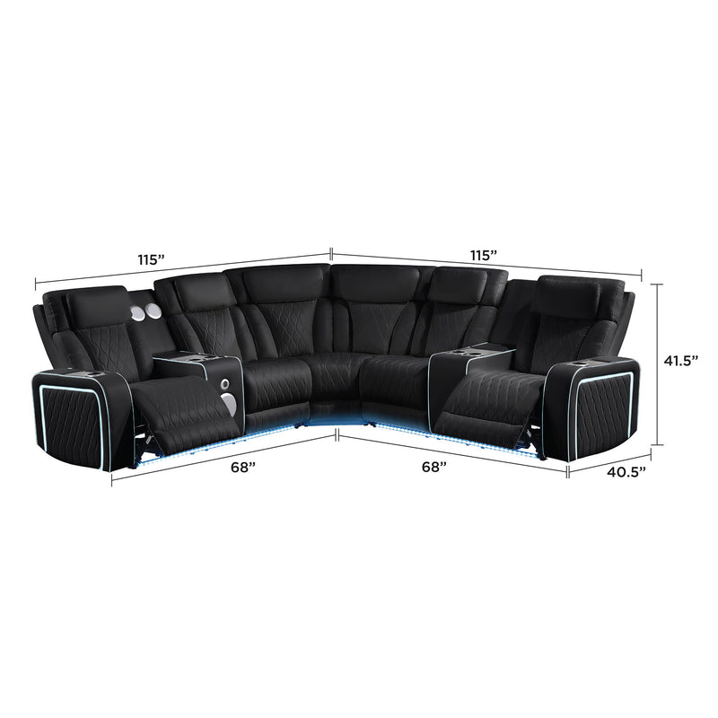 Electra - Power Recliner Sectional Sofa With Power Headrests, Console Loveseats, Wedge, LED Light Strip, Speakers