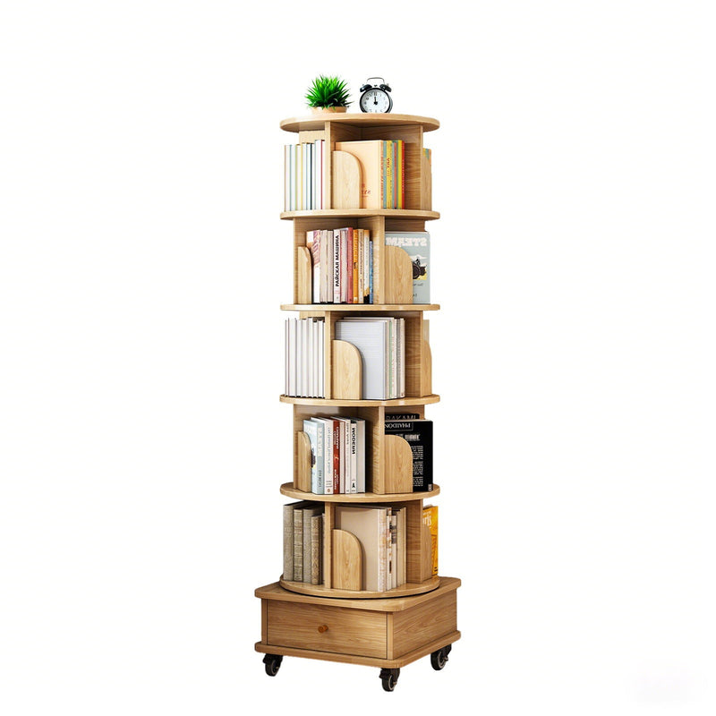 Rotating Bookshelf With Wheels And Drawer, 360° Spinning Design, Space Saving Storage