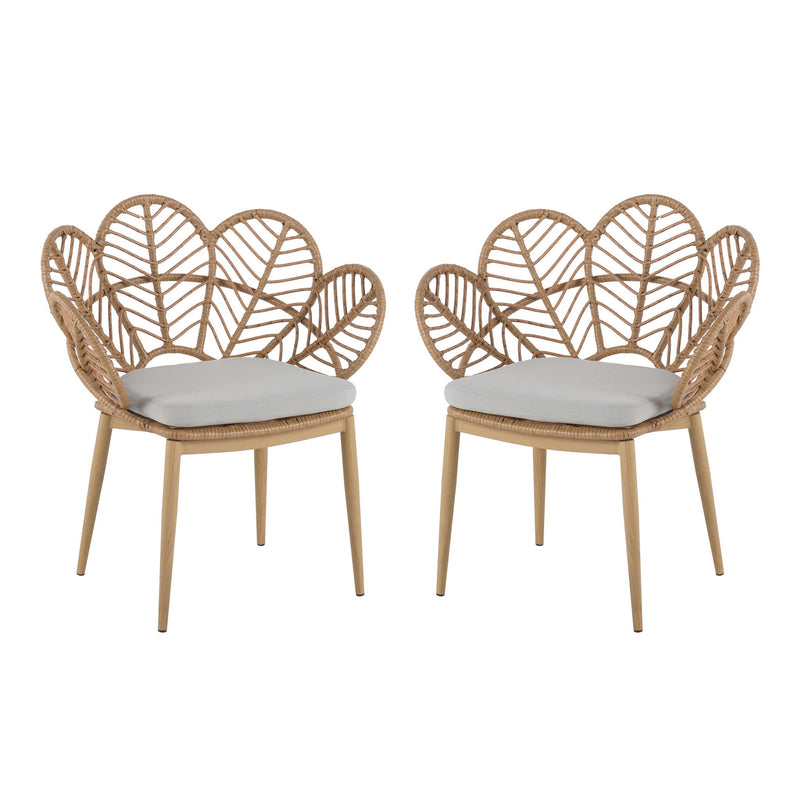 Kirk - Outdoor Wicker Peacock Shape Papasan Style Chair, Teak Finished Leg (Set of 2) - Beige / Light Brown / Light Teak