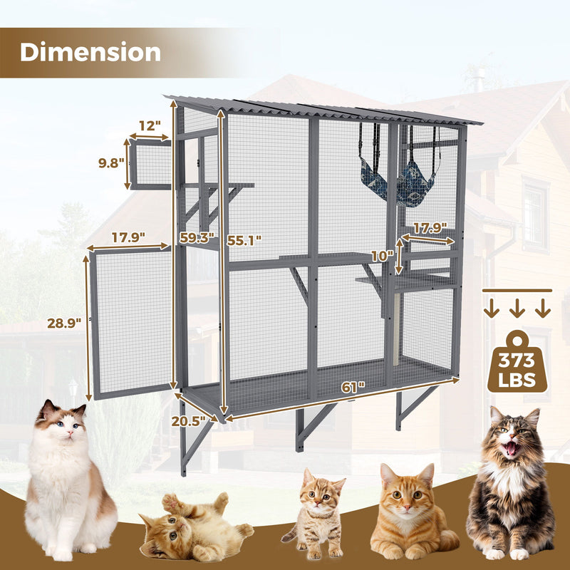 Large Walk In Outdoor Catio For Cats With Roof And 3 Access Doors - Gray