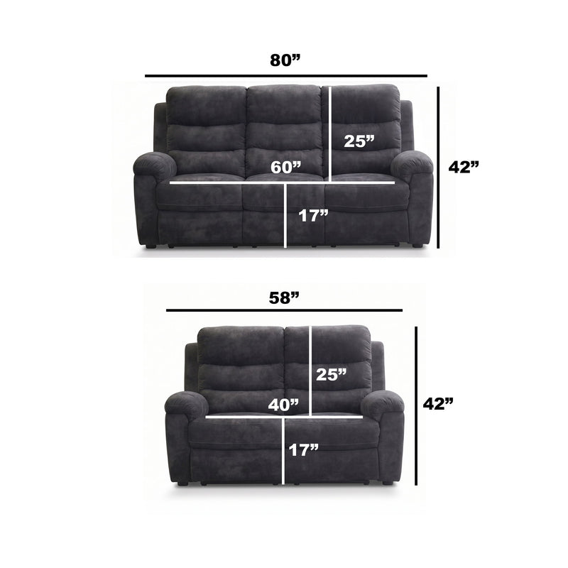 2 Piece Reclining Sofa Set, 3 Seat Sofa & 2 Seat Loveseat, 150° Recline - Dark Gray
