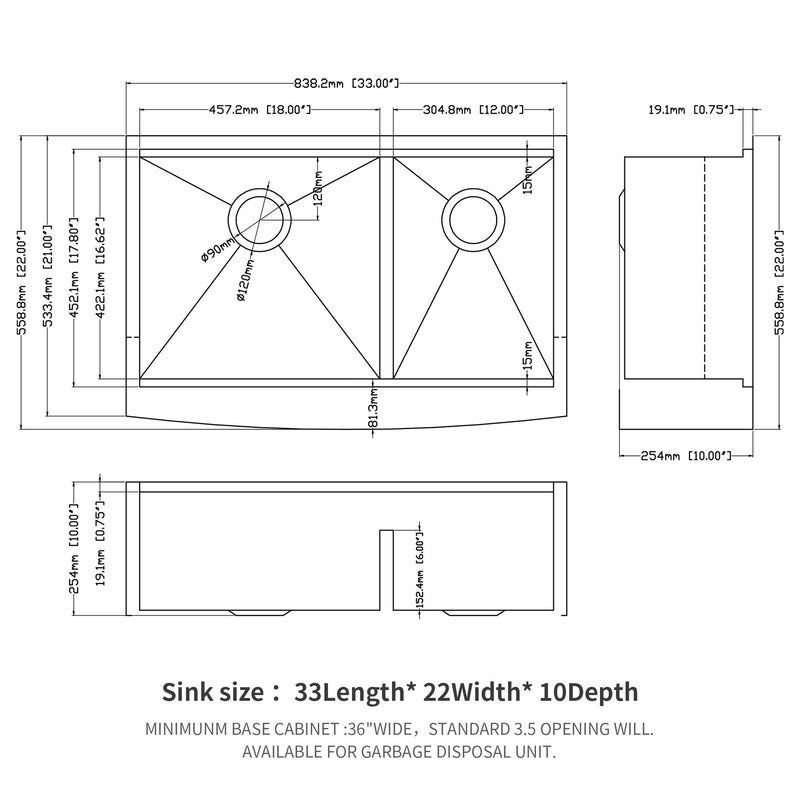 Double Bowl Farmhouse Sink Workstation 33" Stainless Steel 16 Gauge Apron Front - Black / Gray
