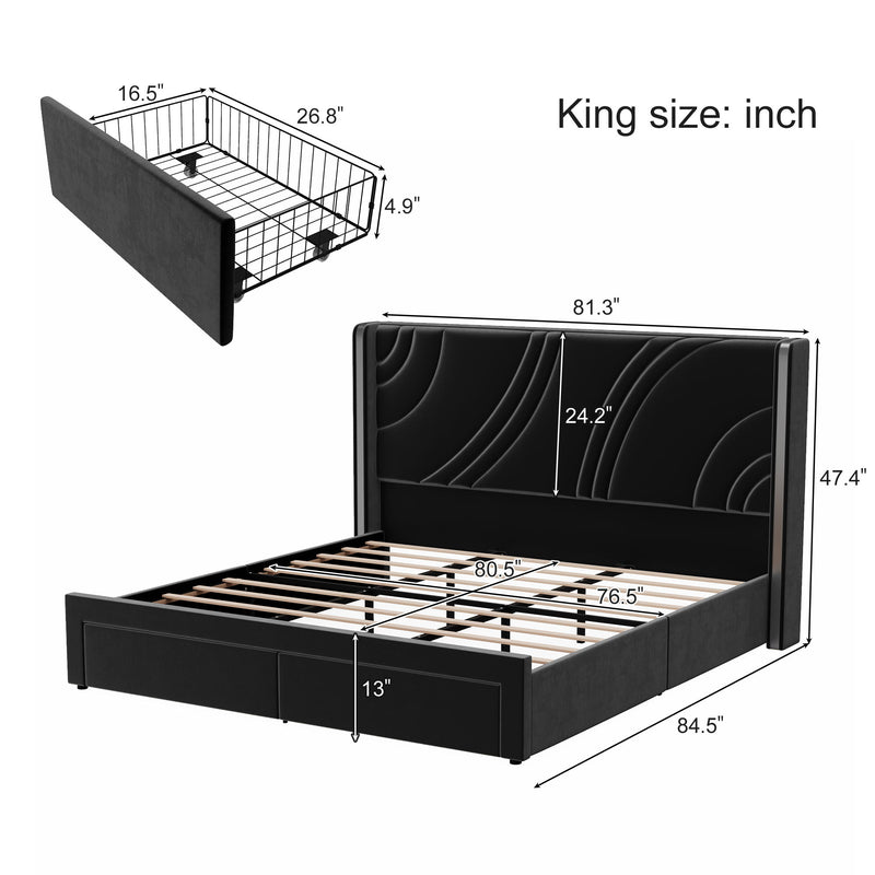 Modern Upholstered LED Bed Frame With Storage Drawers, Wingback Headboard, RGB Light