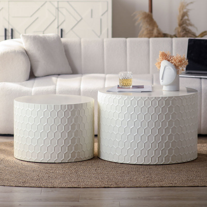 Minimalist Honeycomb Nesting Coffee Table Set, Round Drum Circle Table (Set of 2) - Beige