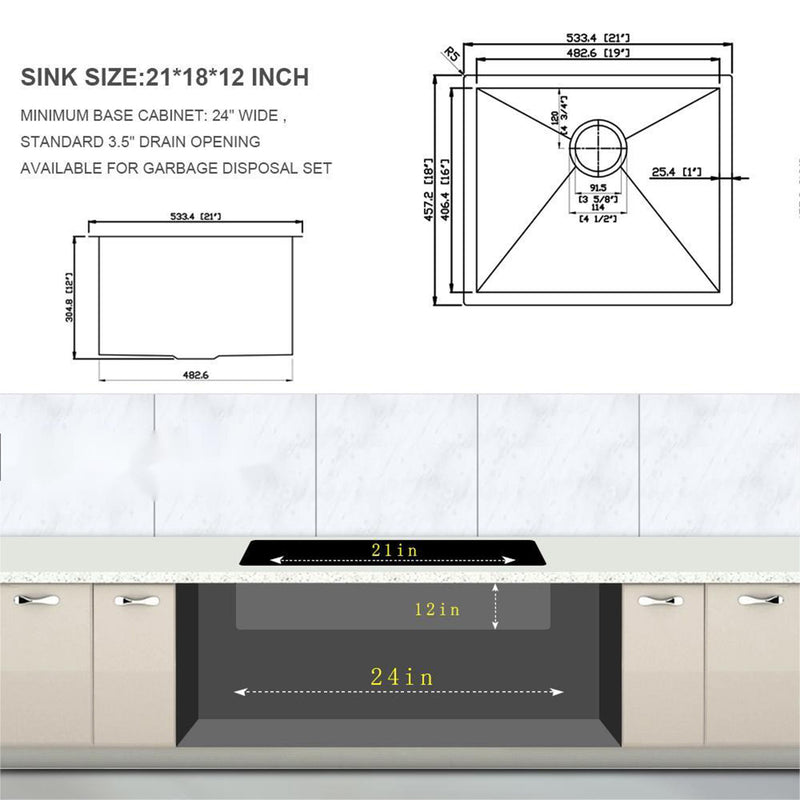 Modern Undermount Stainless Steel Kitchen Sink 16 Gauge, Deep Single Bowl